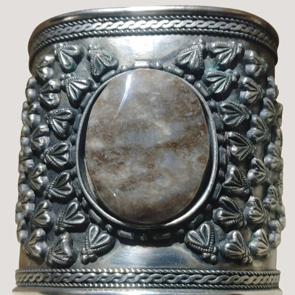 Handcrafted Silver Cuff Bracelet Intricate Floral Design Stone Natural Accent
